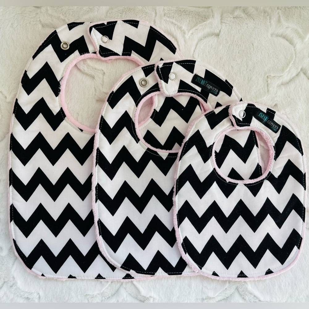 New Black & White Chevron Baby Bib Set, with Pink Minky